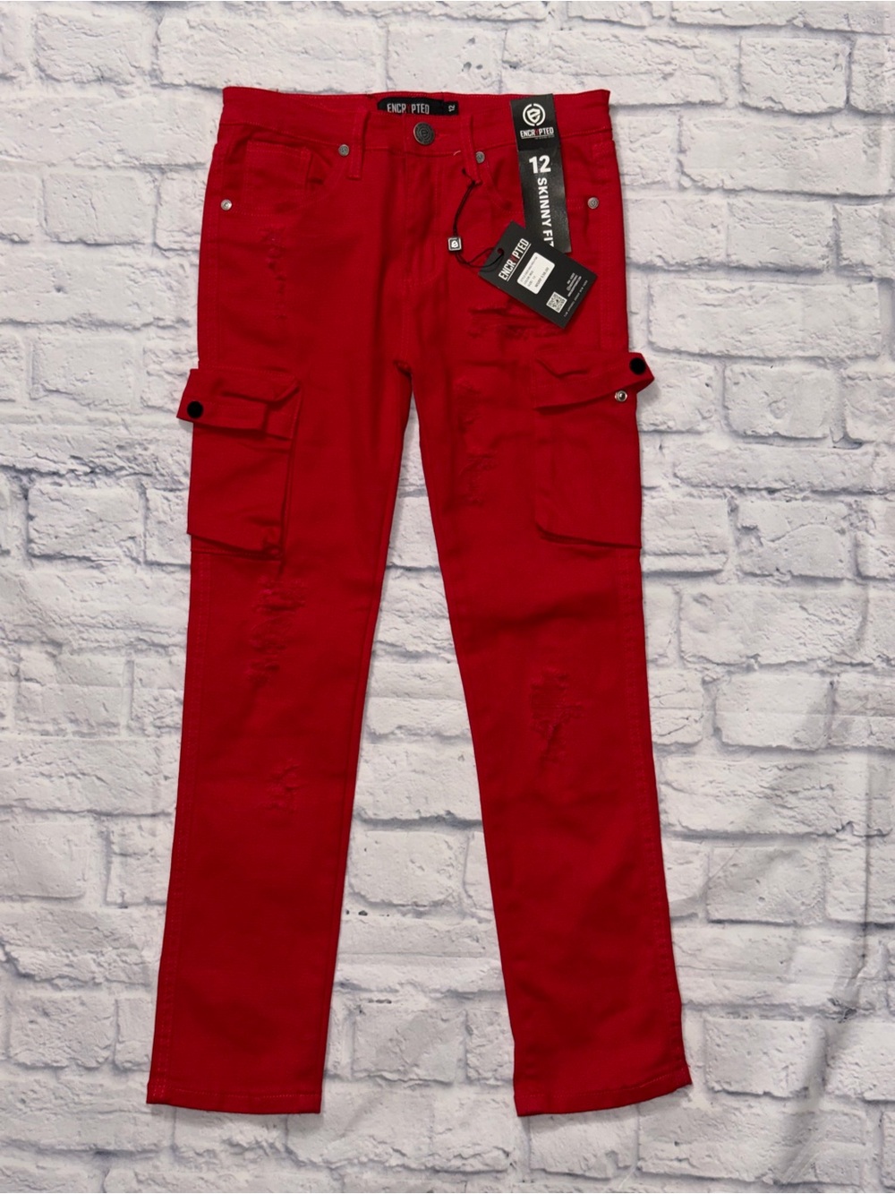 Red Skinny Distressed Cargo Jeans for Boys